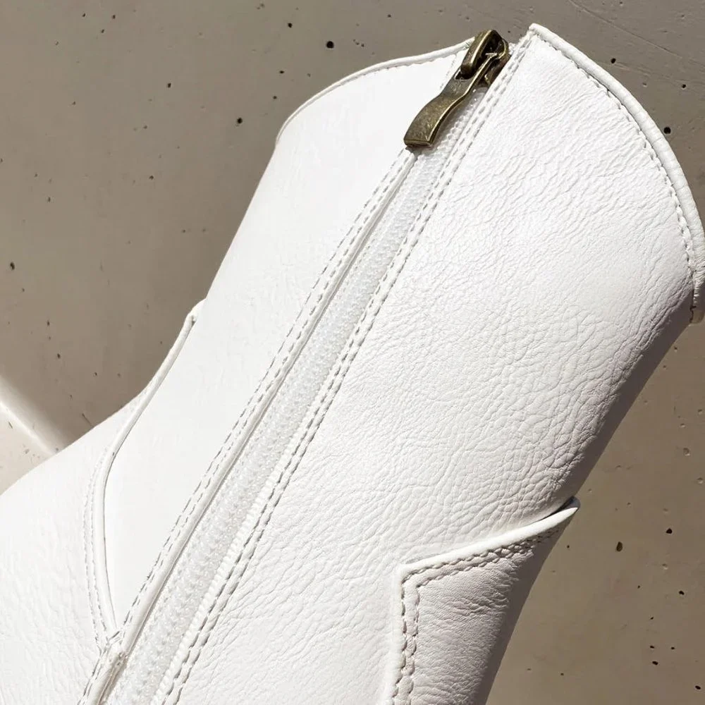 NEW Pointy Toe Stack Block Heel Western Curved Mid Ankle Booties Boots Off White - Picture 8 of 13